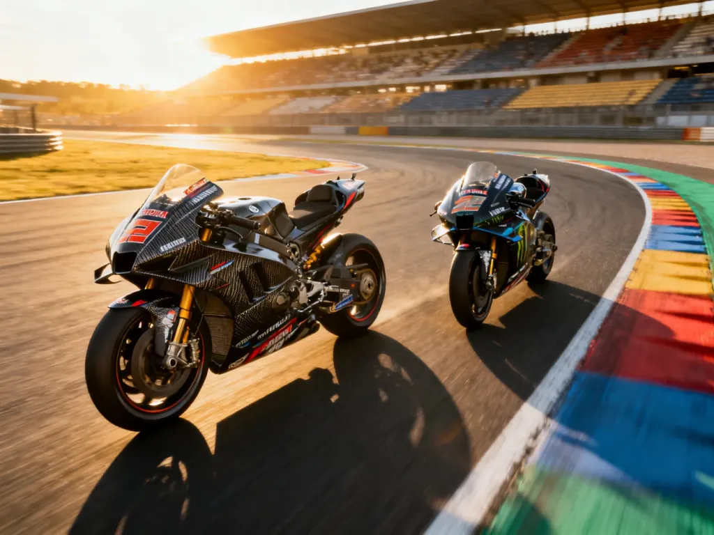 Dwa profesjonalne motocykle wyścigowe pędzące po torze asfaltowym w pełnym słońcu.
