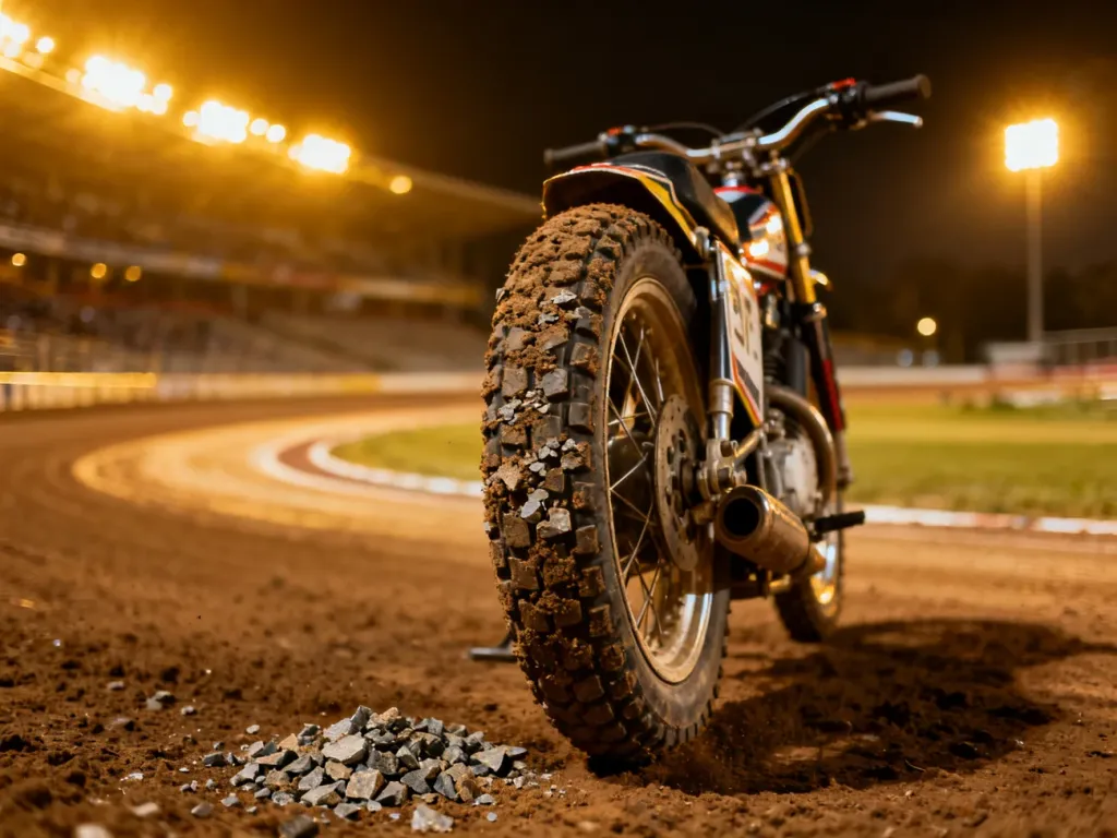 Zbliżenie na tylne koło motocykla żużlowego na torze, w tle oświetlony stadion podczas wieczornych zawodów.