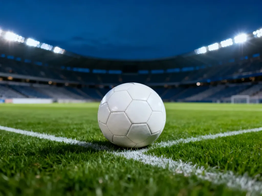 Piłka do piłki nożnej leżąca na środku boiska w blasku stadionowych świateł przed meczem mistrzostw świata.