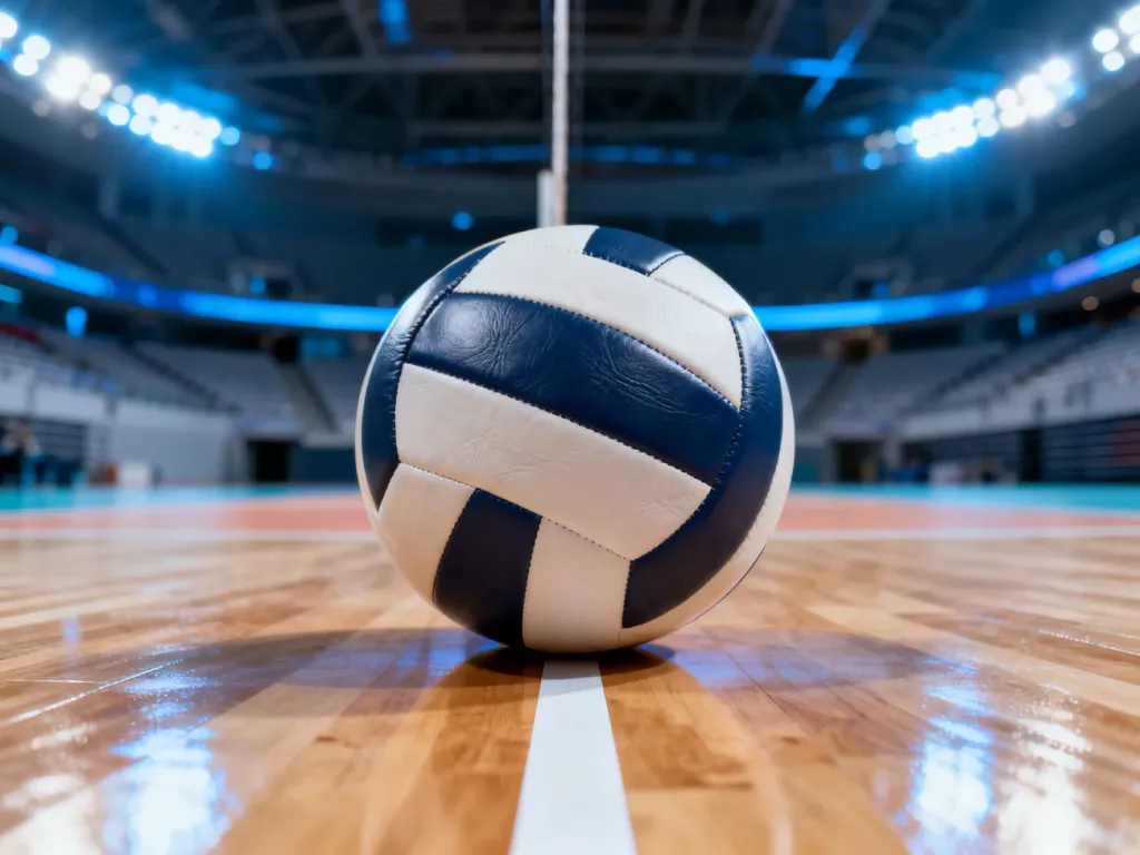 Profesjonalna piłka do siatkówki leżąca na środkowej linii boiska w nowoczesnej hali sportowej.
