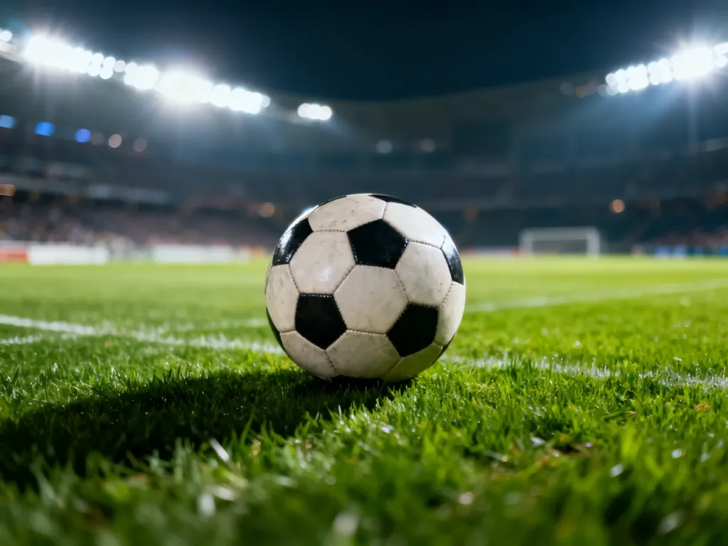 Profesjonalna piłka nożna leżąca na murawie stadionu w świetle jupiterów podczas wieczornego meczu.