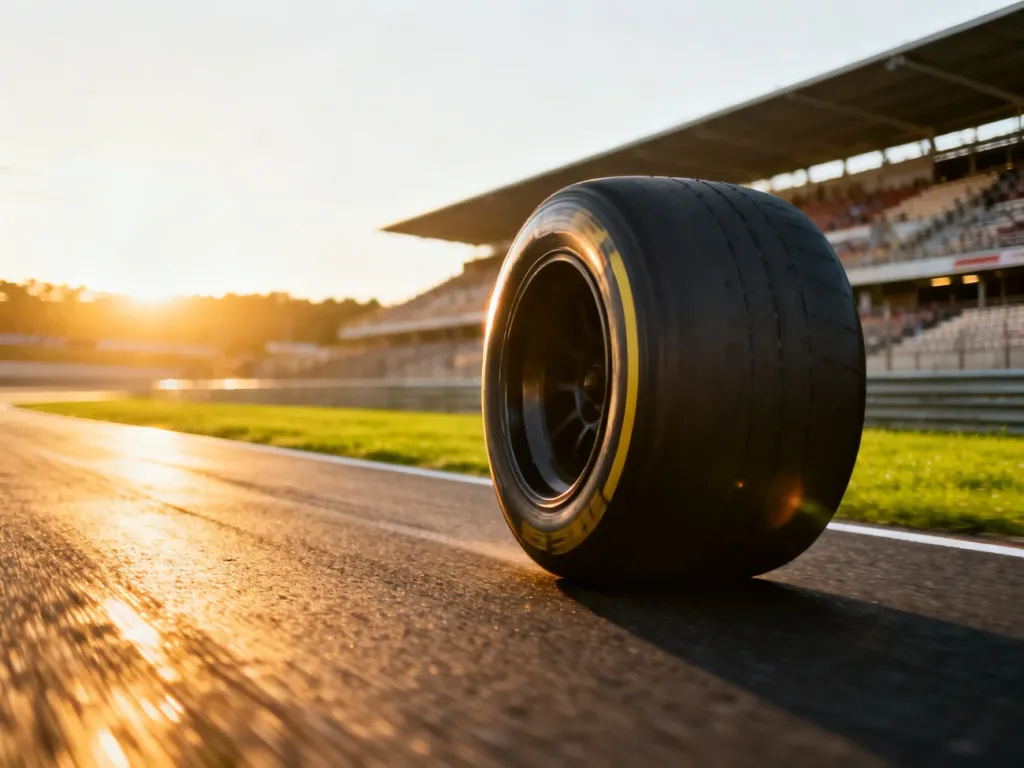 Profesjonalna opona wyścigowa na asfalcie toru Silverstone w świetle zachodzącego słońca.