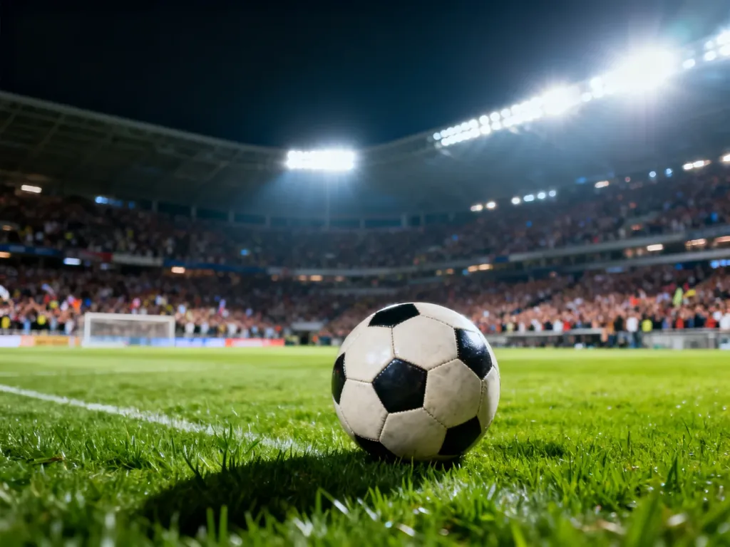 Profesjonalny stadion piłkarski nocą z piłką na murawie i wypełnionymi kibicami trybunami w tle.