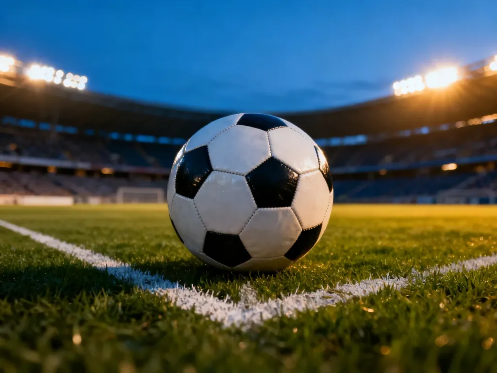 Piłka nożna leżąca na murawie stadionu w świetle jupiterów podczas wieczornego meczu.