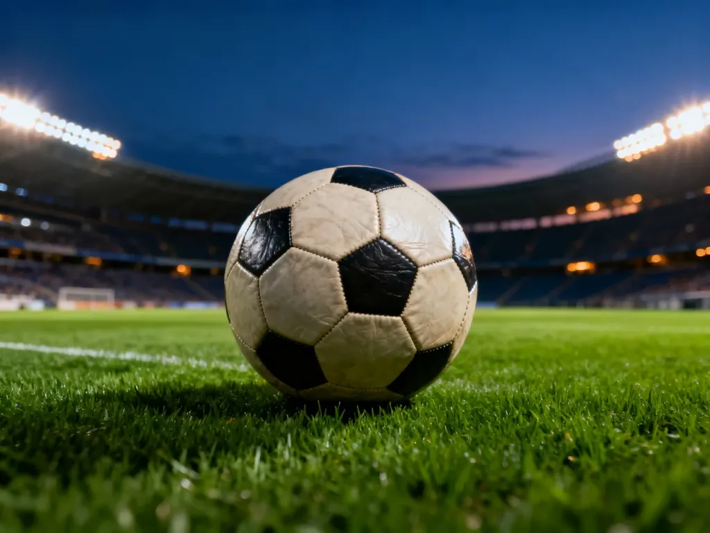 Skórzana piłka nożna leżąca na murawie stadionu o zmierzchu w świetle jupiterów.