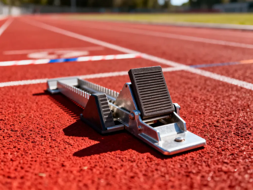 Profesjonalne bloki startowe na czerwonej bieżni lekkoatletycznej, gotowe do rozpoczęcia sprintu.