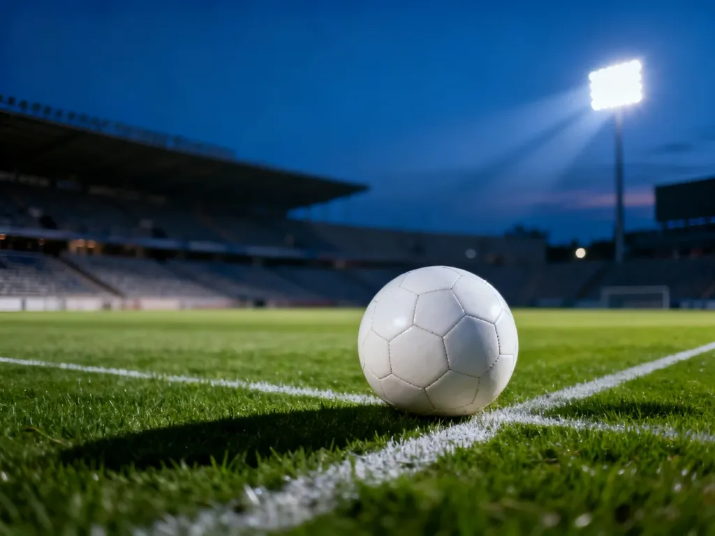 Piłka do gry na murawie stadionu w świetle jupiterów, symbolizująca profesjonalne rozgrywki piłkarskie.