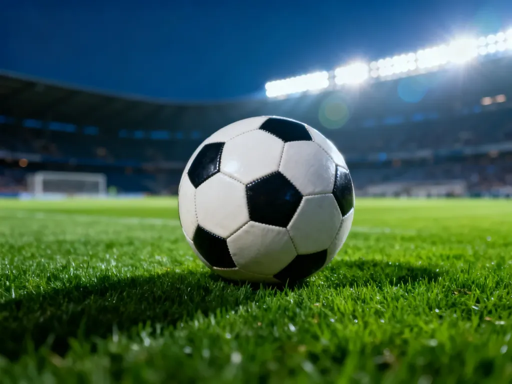 Profesjonalna piłka nożna na murawie stadionu w świetle jupiterów, nawiązująca do klimatu meczów Ligi Mistrzów.