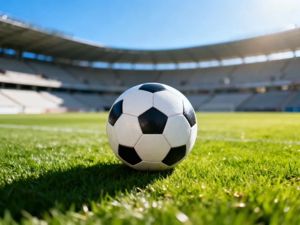 Profesjonalna piłka nożna leżąca na murawie stadionu w słoneczny dzień.