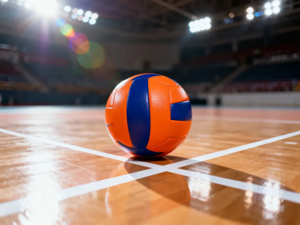Profesjonalna piłka do siatkówki leżąca na parkiecie hali sportowej w blasku reflektorów.
