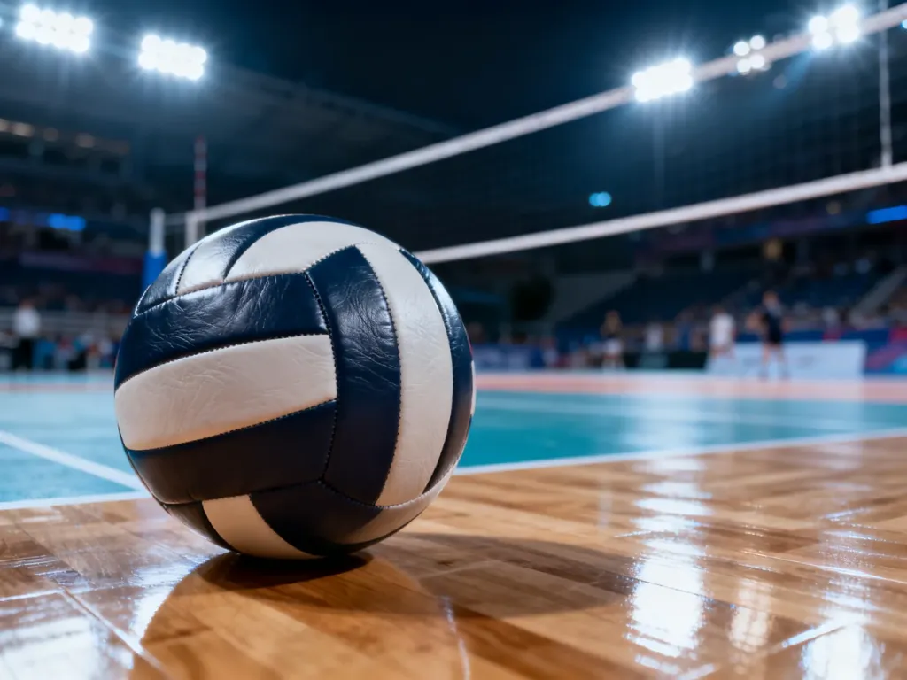 Skórzana piłka do siatkówki na parkiecie hali sportowej z rozmytą siatką w tle.