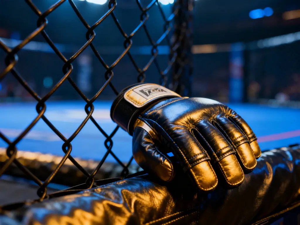 Skórzana rękawica MMA oparta o siatkę oktagonu w oświetlonej arenie sportowej.