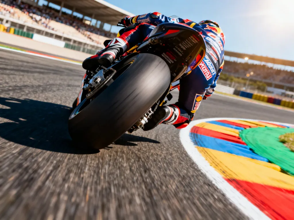 Motocykl wyścigowy MotoGP w głębokim złożeniu na zakręcie toru wyścigowego w pełnym słońcu.