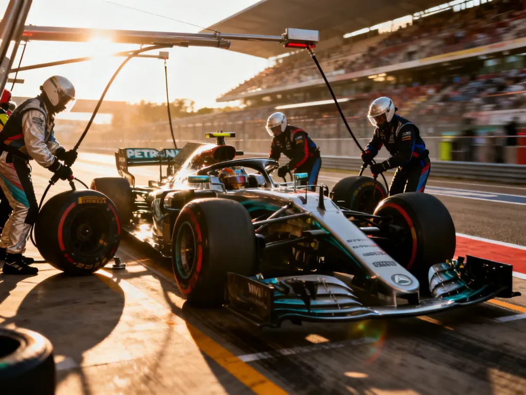 Zespół mechaników Formuły 1 błyskawicznie wymienia koła w bolidzie podczas profesjonalnego pit stopu na torze wyścigowym.