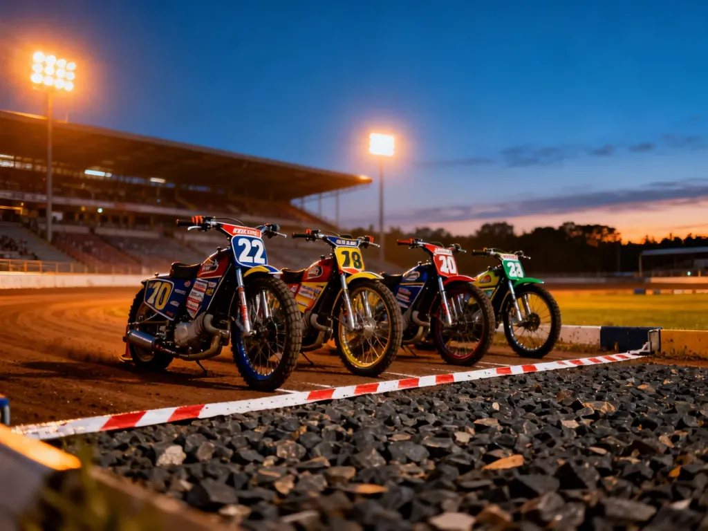 Cztery motocykle żużlowe ustawione na starcie przed wyścigiem na oświetlonym stadionie o zachodzie słońca.