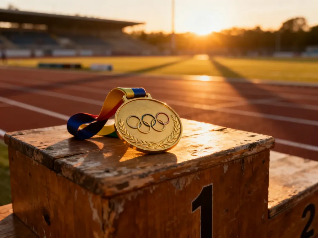 Złoty medal olimpijski spoczywający na drewnianym podium na tle oświetlonego zachodzącym słońcem stadionu lekkoatletycznego.