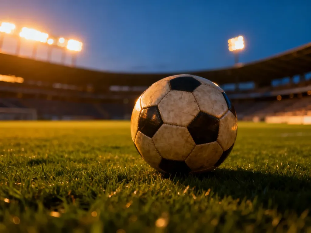 Skórzana piłka na murawie stadionu o zachodzie słońca, symbolizująca futbolowe emocje w Arabii Saudyjskiej.