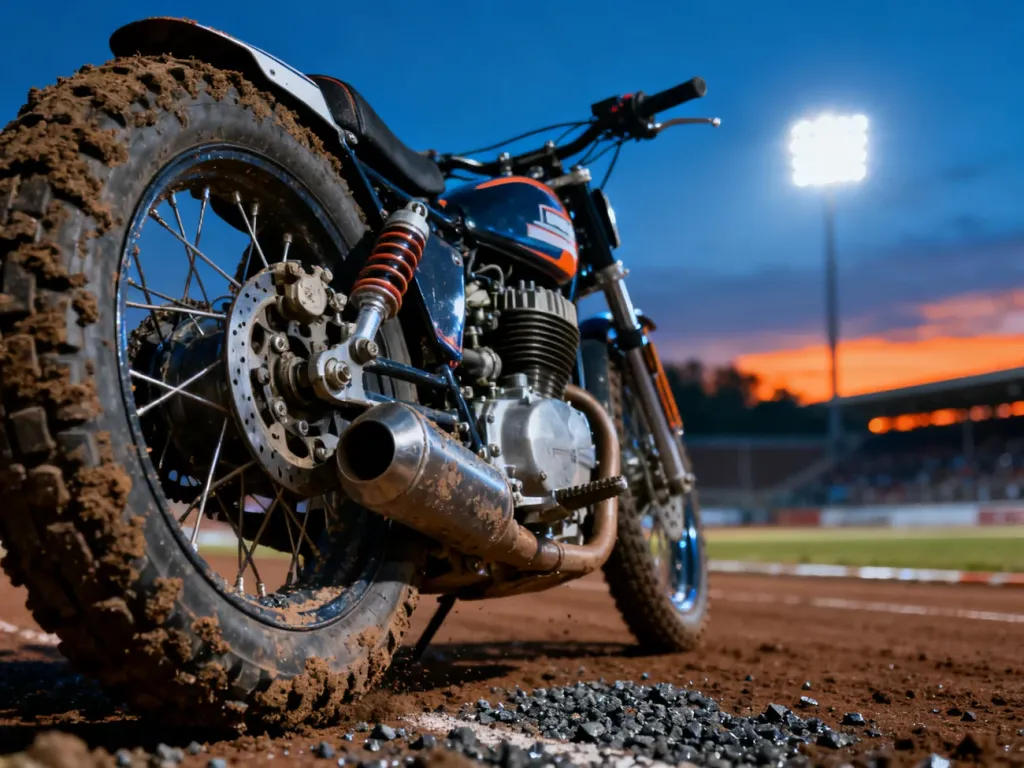 Zbliżenie na silnik i tylne koło motocykla żużlowego na torze, w tle oświetlony stadion w wieczornej scenerii.
