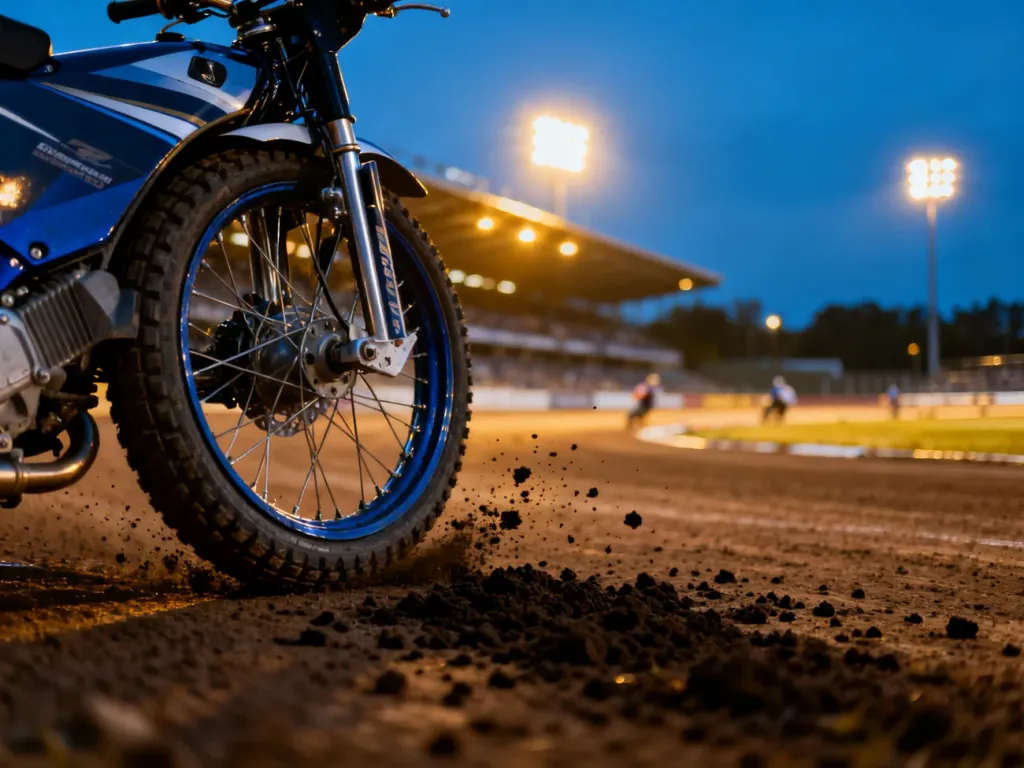 Nowoczesny motocykl żużlowy na torze w blasku jupiterów podczas wieczornych zawodów PGE Ekstraligi.