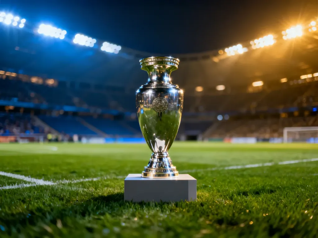 Srebrne trofeum piłkarskie na środku oświetlonej murawy stadionu, symbolizujące sukces w europejskich rozgrywkach klubowych.