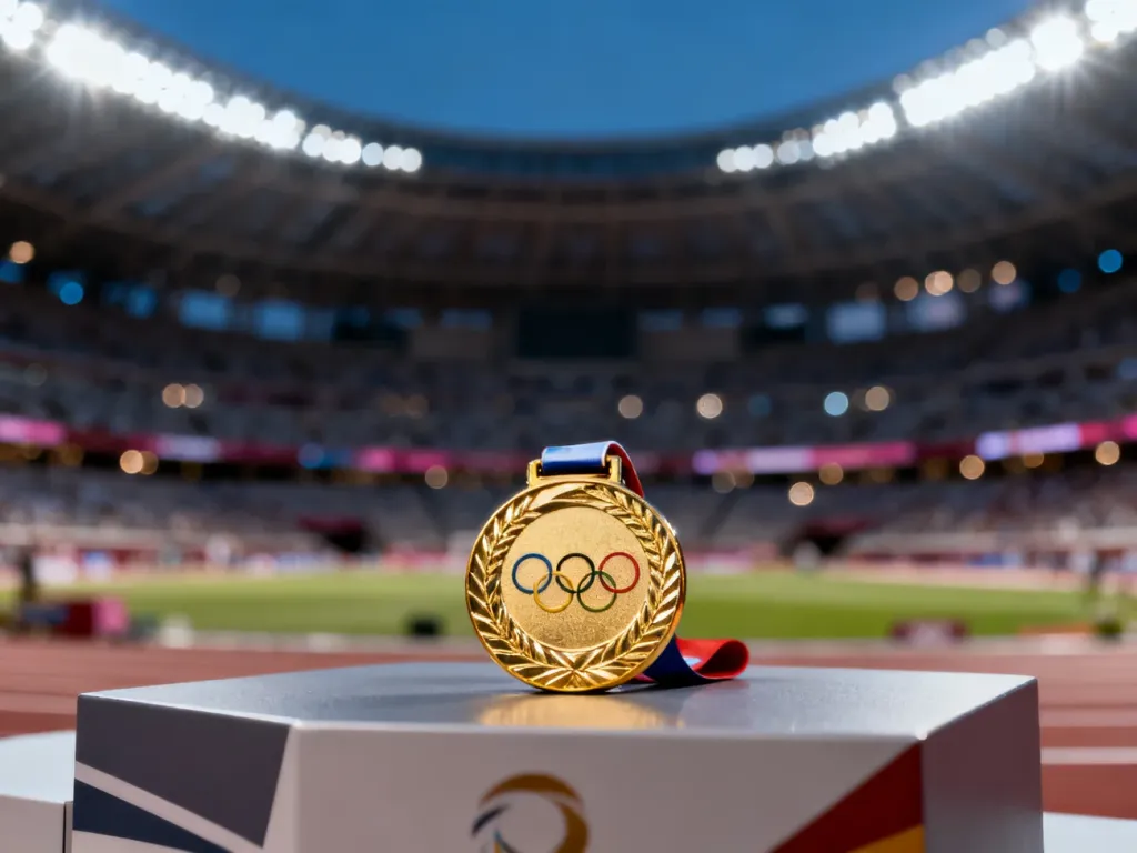 Złoty medal olimpijski spoczywający na podium na tle rozświetlonej areny sportowej.