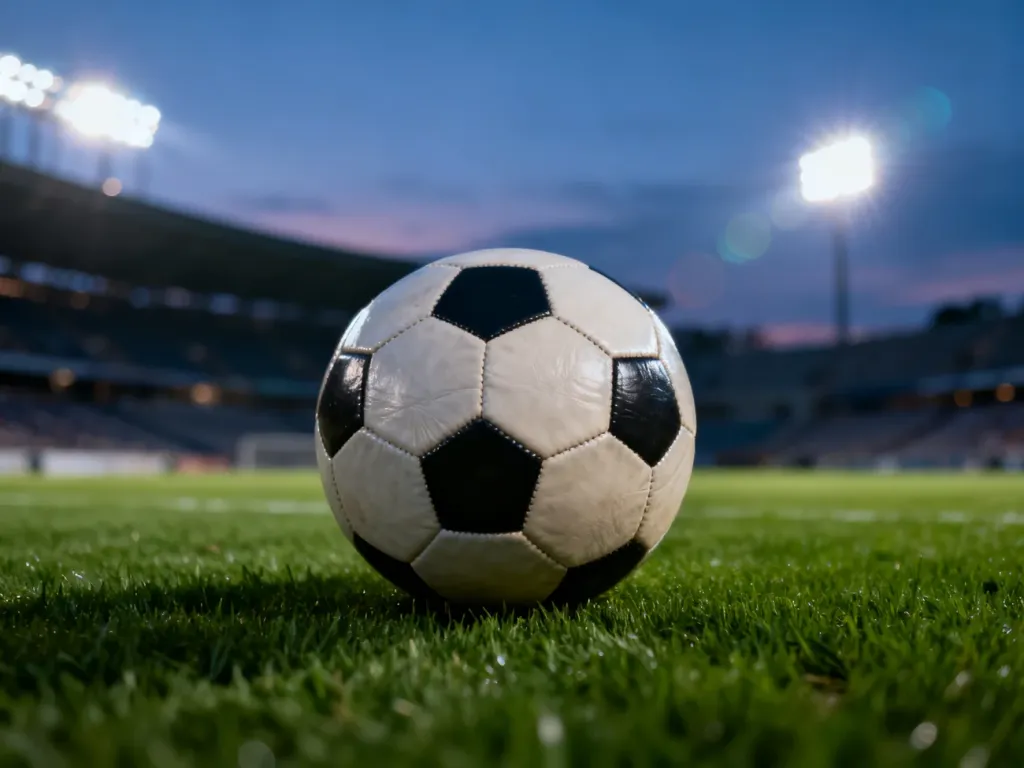 Skórzana piłka do futbolu na murawie stadionu w świetle jupiterów o zmierzchu.