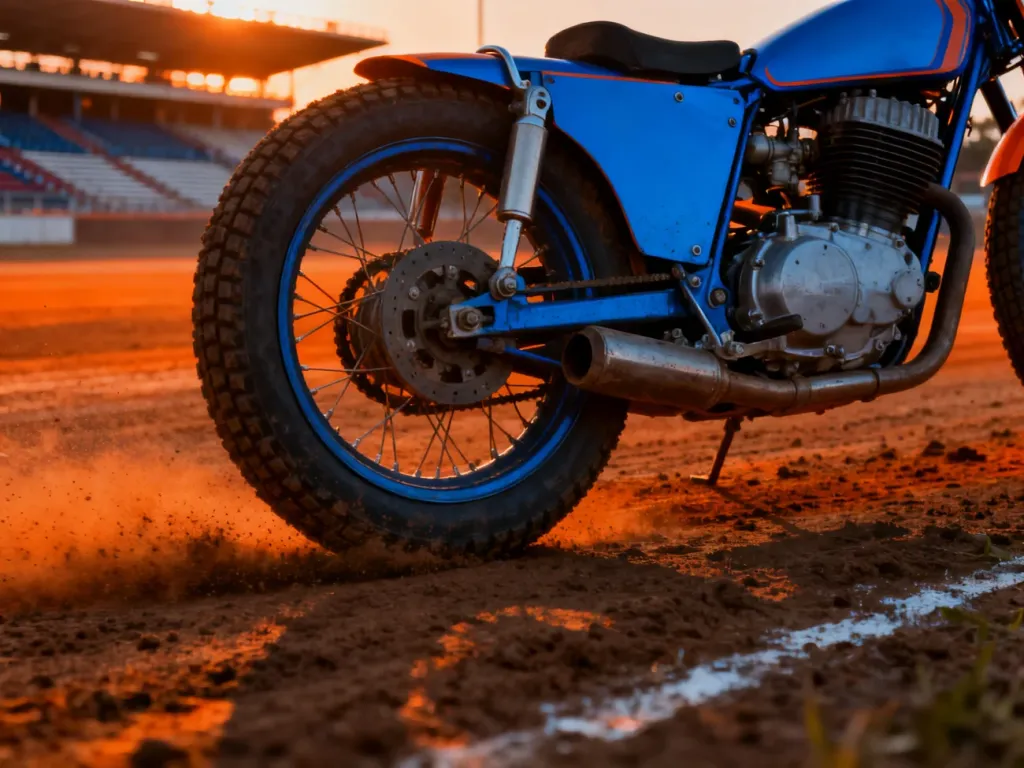 Profesjonalny motocykl żużlowy na torze w świetle zachodzącego słońca, podkreślający dynamikę i klimat sportów motorowych.