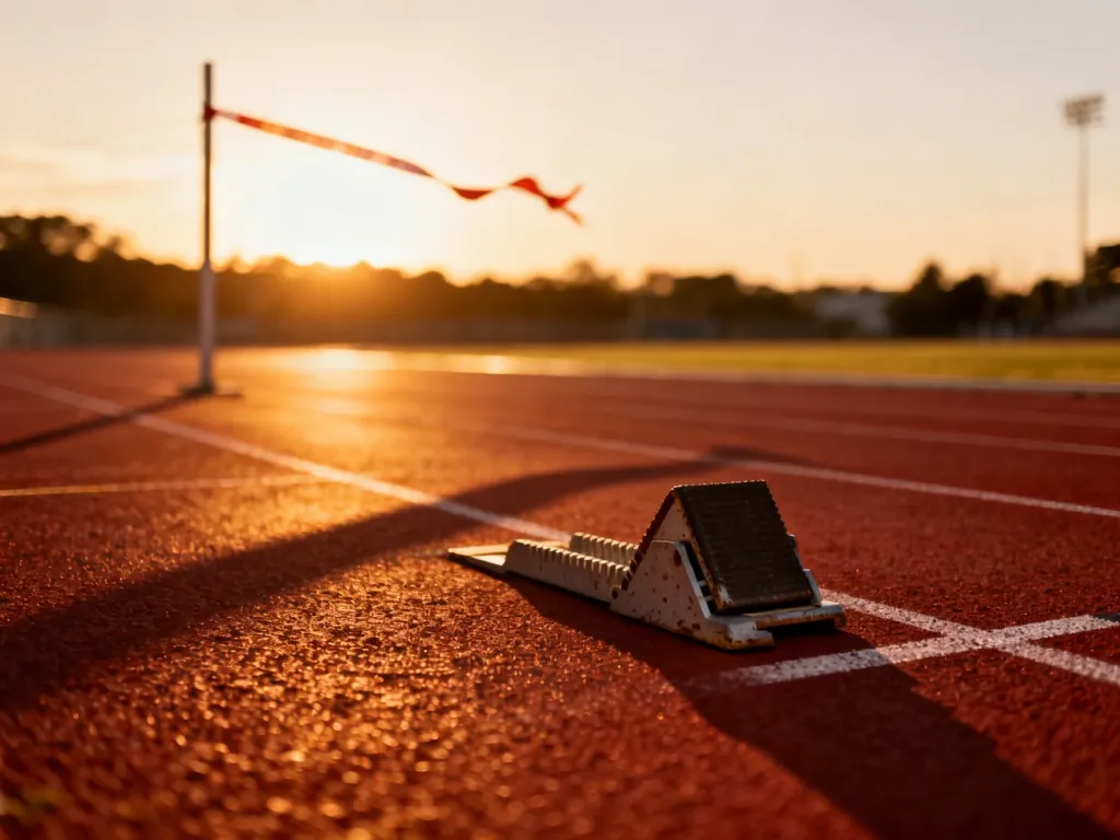 Zużyty blok startowy na bieżni lekkoatletycznej o zachodzie słońca, symbolizujący długowieczność sportowych rekordów.