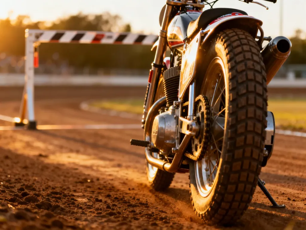 Profesjonalny motocykl żużlowy na torze podczas złotej godziny, z widoczną w tle taśmą startową.
