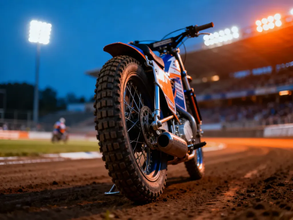 Profesjonalny motocykl żużlowy na torze w blasku stadionowych reflektorów podczas wieczornych zawodów.