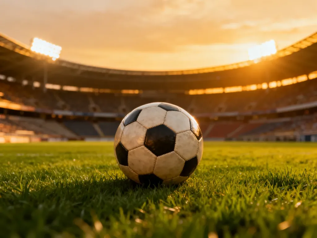 Klasyczna piłka nożna na murawie stadionu o zachodzie słońca, symbolizująca triumf i ducha sportowej rywalizacji.