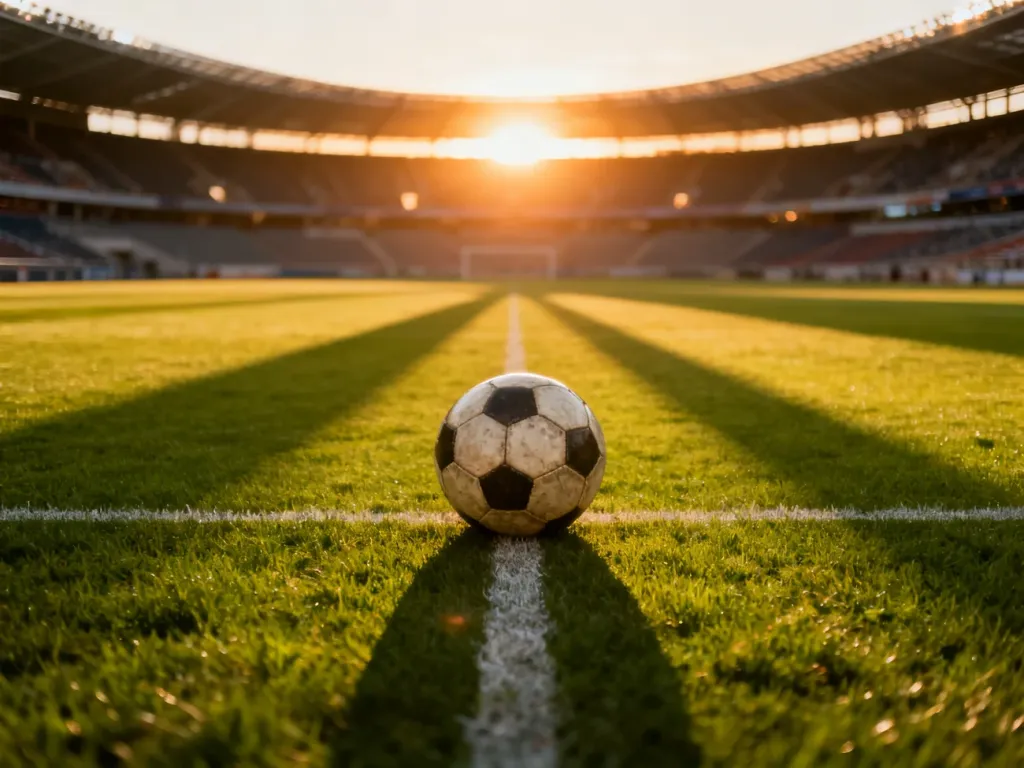 Skórzana piłka na środku murawy stadionu o zachodzie słońca, symbolizująca oczekiwanie na mistrzostwa Europy.