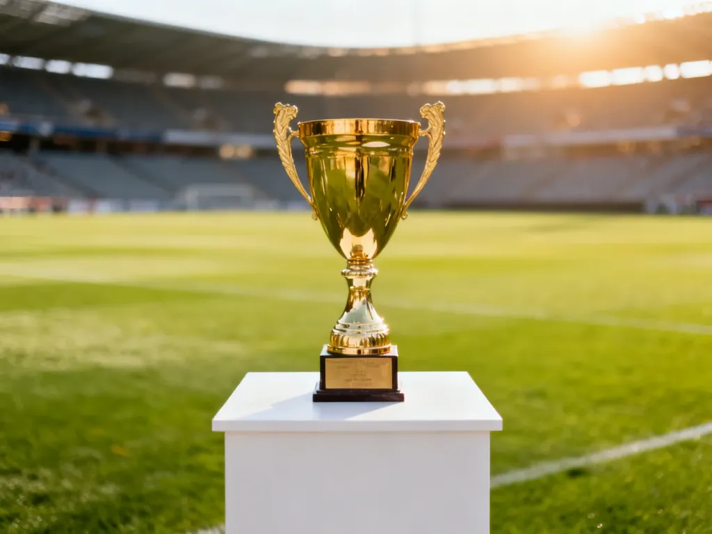 Złote trofeum na podium w centrum stadionu, symbolizujące wielkie sportowe osiągnięcie i zwycięstwo.