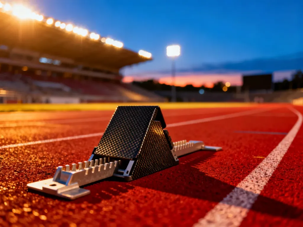 Bloki startowe na bieżni lekkoatletycznej o zachodzie słońca, symbolizujące gotowość do walki o rekordy świata.