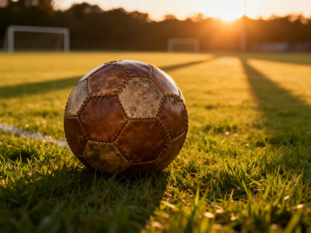 Stara skórzana piłka do futbolu leżąca na murawie w świetle zachodzącego słońca, nawiązująca do historii tego sportu.