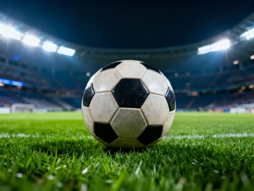 Piłka do gry w piłkę nożną leżąca na murawie profesjonalnego stadionu oświetlonego wieczorową porą.