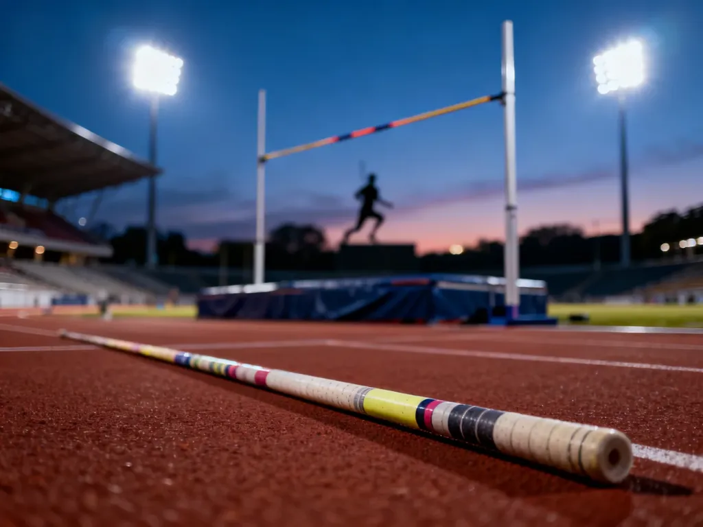 Profesjonalna tyczka do skoku o tyczce leżąca na bieżni stadionu lekkoatletycznego w wieczornym oświetleniu.