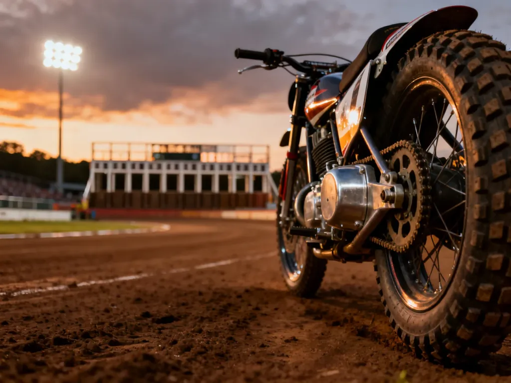 Profesjonalny motocykl żużlowy z wyeksponowaną tylną oponą i silnikiem na torze żużlowym w świetle jupiterów.