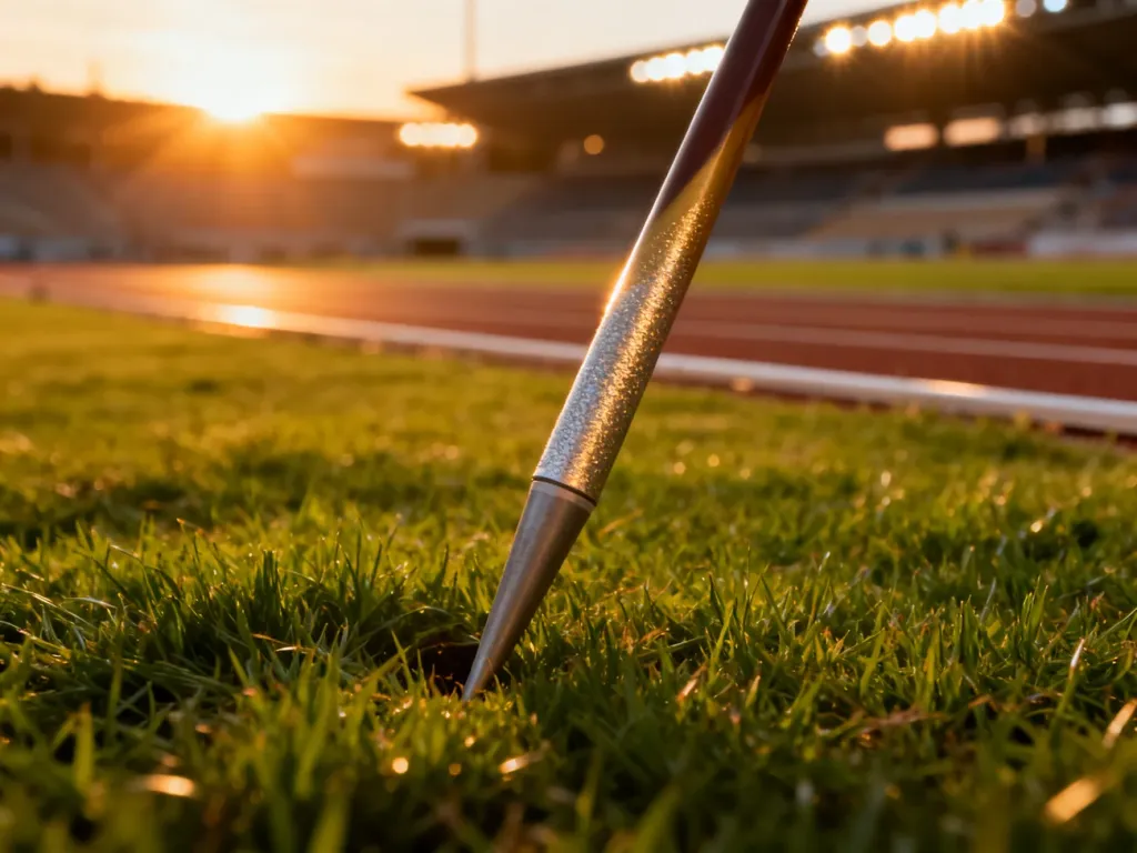 Oszczep wbity w murawę stadionu lekkoatletycznego podczas zachodu słońca.