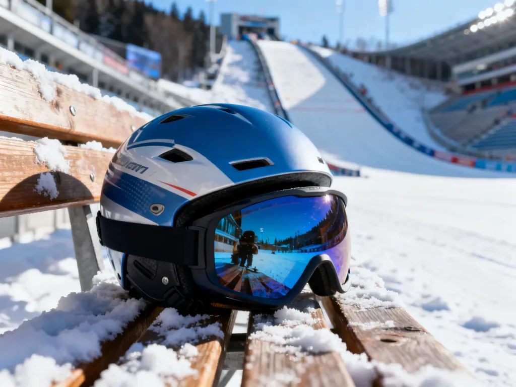 Profesjonalny kask i gogle narciarskie na ośnieżonej ławce na tle skoczni, symbolizujące przygotowania do zawodów olimpijskich.