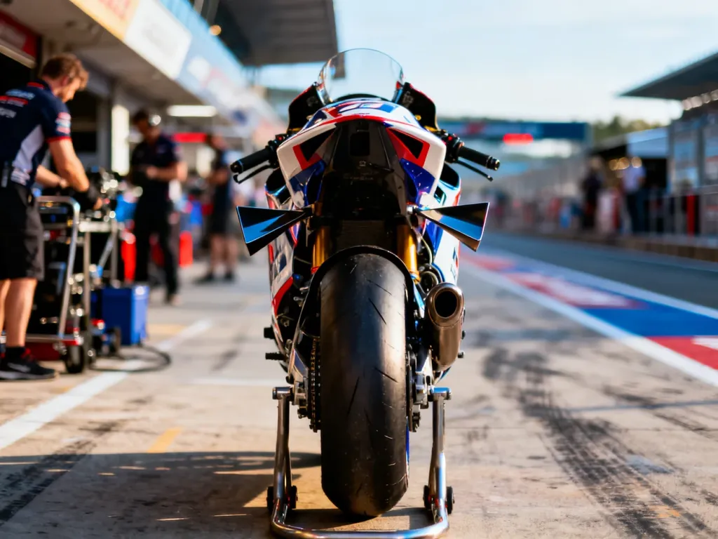 Profesjonalny motocykl klasy Moto2 w alei serwisowej toru wyścigowego, gotowy do startu w zawodach.