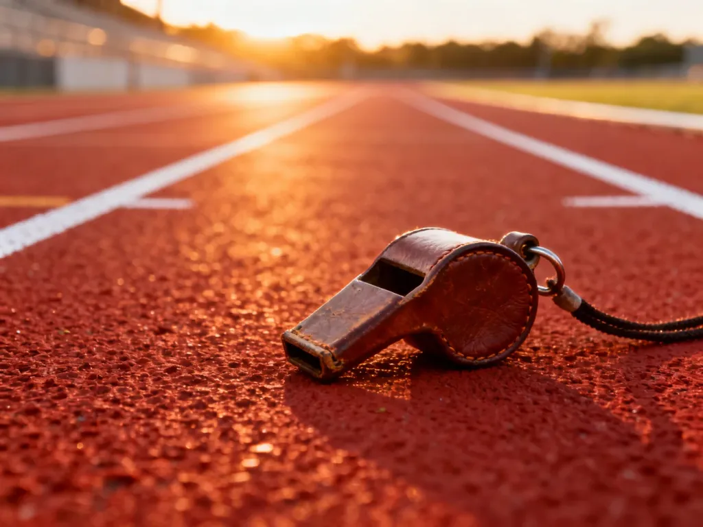 Skórzany gwizdek sportowy leżący na czerwonej bieżni lekkoatletycznej o wschodzie słońca.
