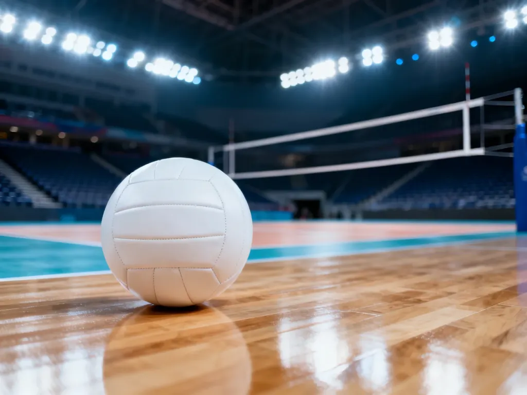 Piłka do siatkówki na środku profesjonalnego boiska w dużej hali sportowej.