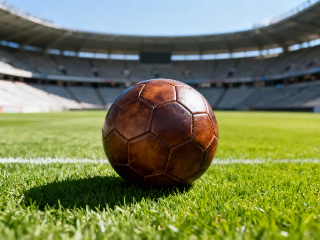 Klasyczna skórzana piłka do futbolu na murawie pustego stadionu, symbolizująca emocje związane z rozgrywkami UEFA.