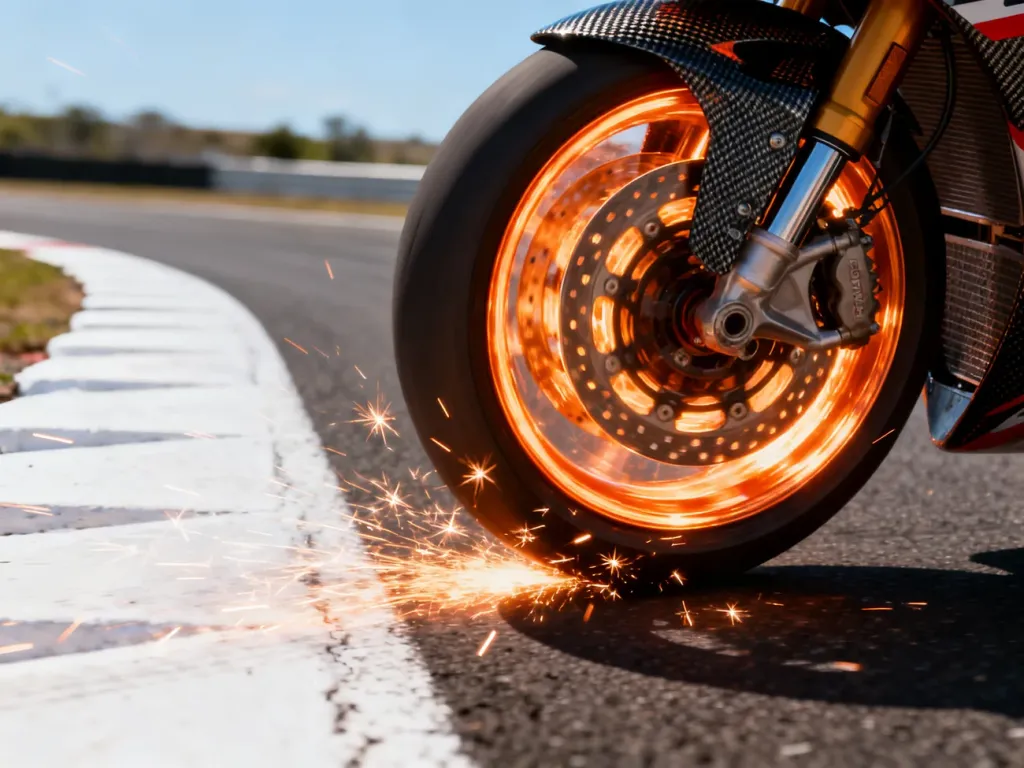 Rozgrzana do czerwoności tarcza hamulcowa motocykla wyścigowego podczas intensywnego hamowania na torze MotoGP.