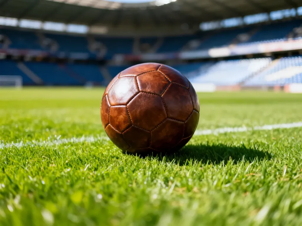 Klasyczna piłka nożna leżąca na środku murawy stadionu w pełnym słońcu.