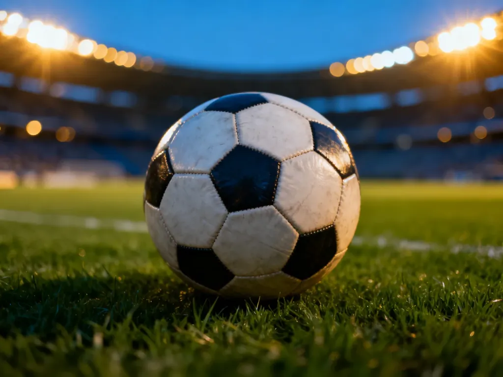 Skórzana piłka nożna na murawie stadionu w świetle jupiterów, nawiązująca do atmosfery profesjonalnych rozgrywek.