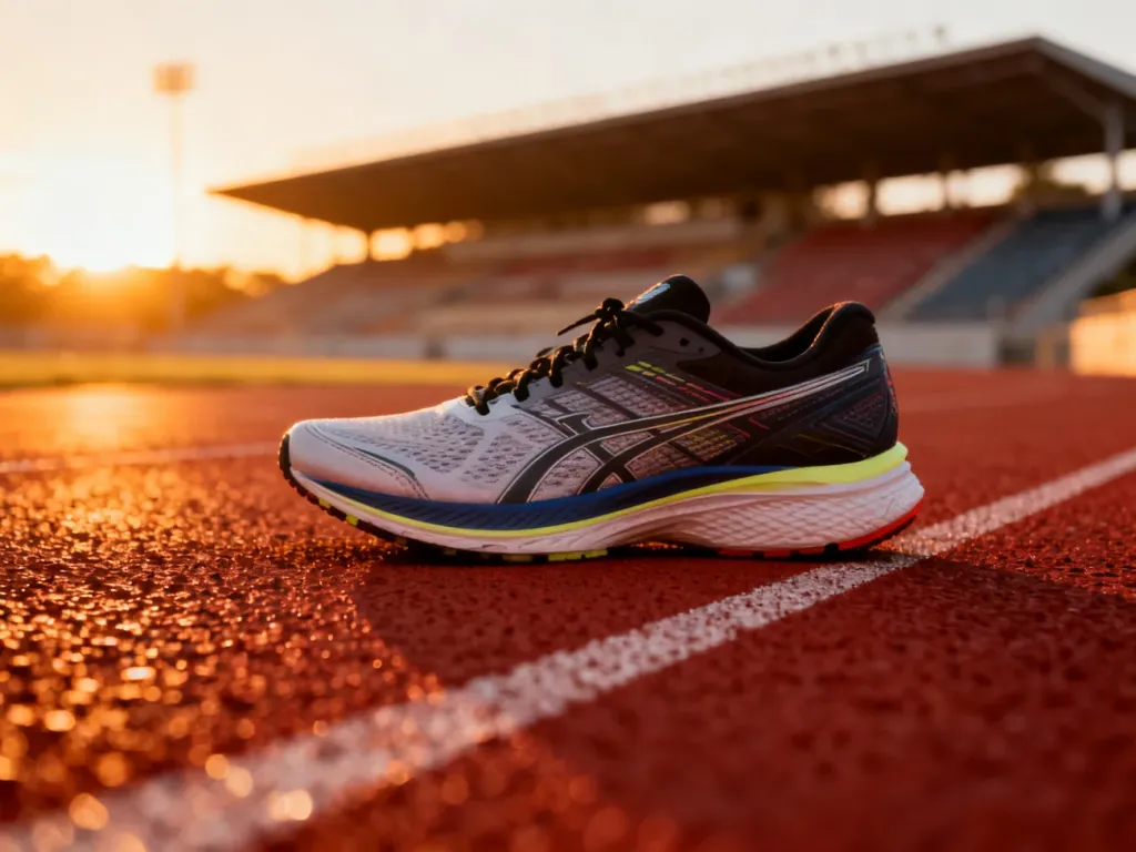 Profesjonalny but biegowy na bieżni lekkoatletycznej o wschodzie słońca, symbolizujący przygotowania do maratonu.
