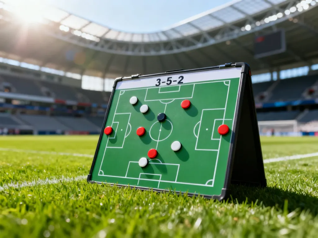 Tablica taktyczna z ustawieniem 3-5-2 na tle stadionu, obrazująca rozmieszczenie zawodników na boisku.