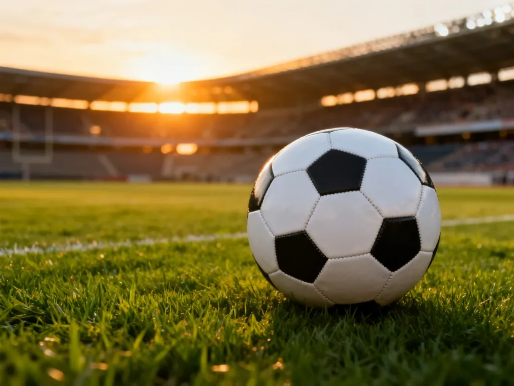 Piłka leżąca na murawie profesjonalnego stadionu w świetle zachodzącego słońca, symbolizująca emocje piłkarskich mistrzostw.